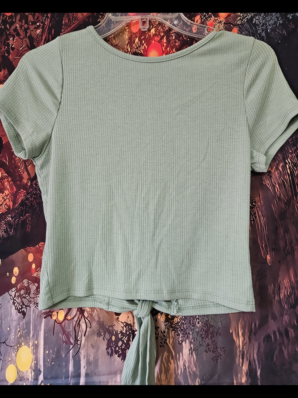 Blue Rain Sage Green Ribbed Tie-back Crop Top